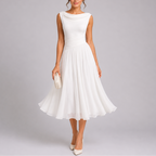Xena | Women's Pleated Midi Dress | Draped Neckline, Fitted Waist | Sleeveless
