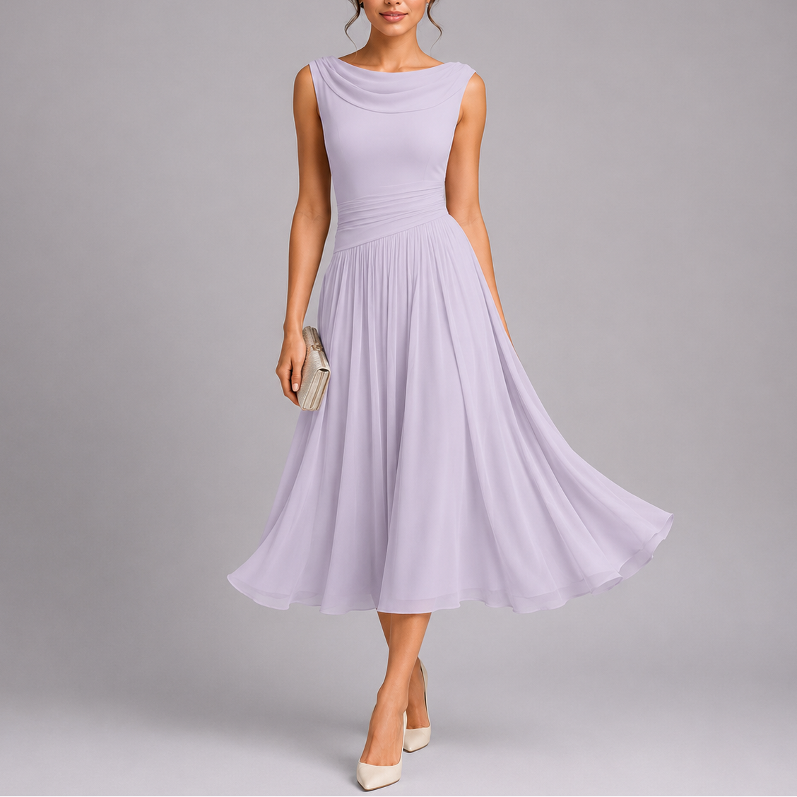 Xena | Women's Pleated Midi Dress | Draped Neckline, Fitted Waist | Sleeveless