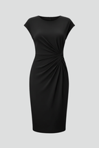 Alba | Women's Knee-Length Dress | Round Neck, Ruched Waist, Cap Sleeve