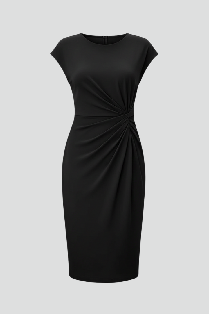 Alba | Women's Knee-Length Dress | Round Neck, Ruched Waist, Cap Sleeve