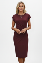 Alba | Women's Knee-Length Dress | Round Neck, Ruched Waist, Cap Sleeve