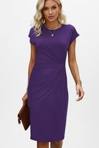 Alba | Women's Knee-Length Dress | Round Neck, Ruched Waist, Cap Sleeve