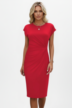 Alba | Women's Knee-Length Dress | Round Neck, Ruched Waist, Cap Sleeve