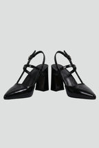 Tindra | Women's Leather Sandals | Black, Pointed Toe, Block Heel | Buckle