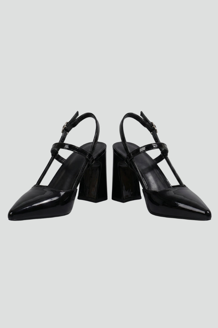 Tindra | Women's Leather Sandals | Black, Pointed Toe, Block Heel | Buckle