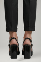 Tindra | Women's Leather Sandals | Black, Pointed Toe, Block Heel | Buckle