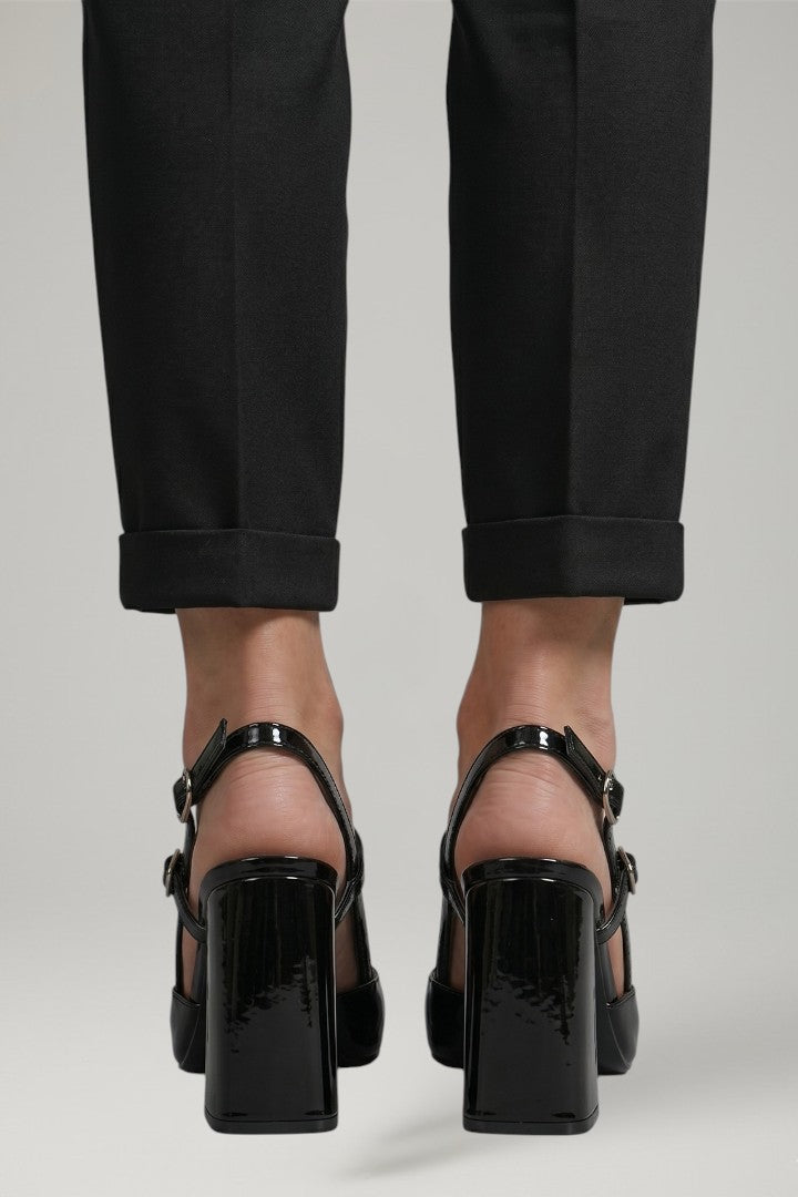Tindra | Women's Leather Sandals | Black, Pointed Toe, Block Heel | Buckle