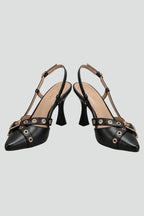 Women Leather Sandals Pointed Toe Stiletto Heel Buckle
