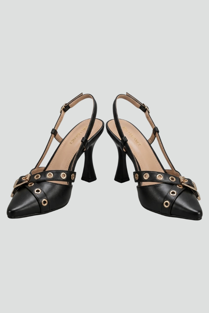 Women Leather Sandals Pointed Toe Stiletto Heel Buckle
