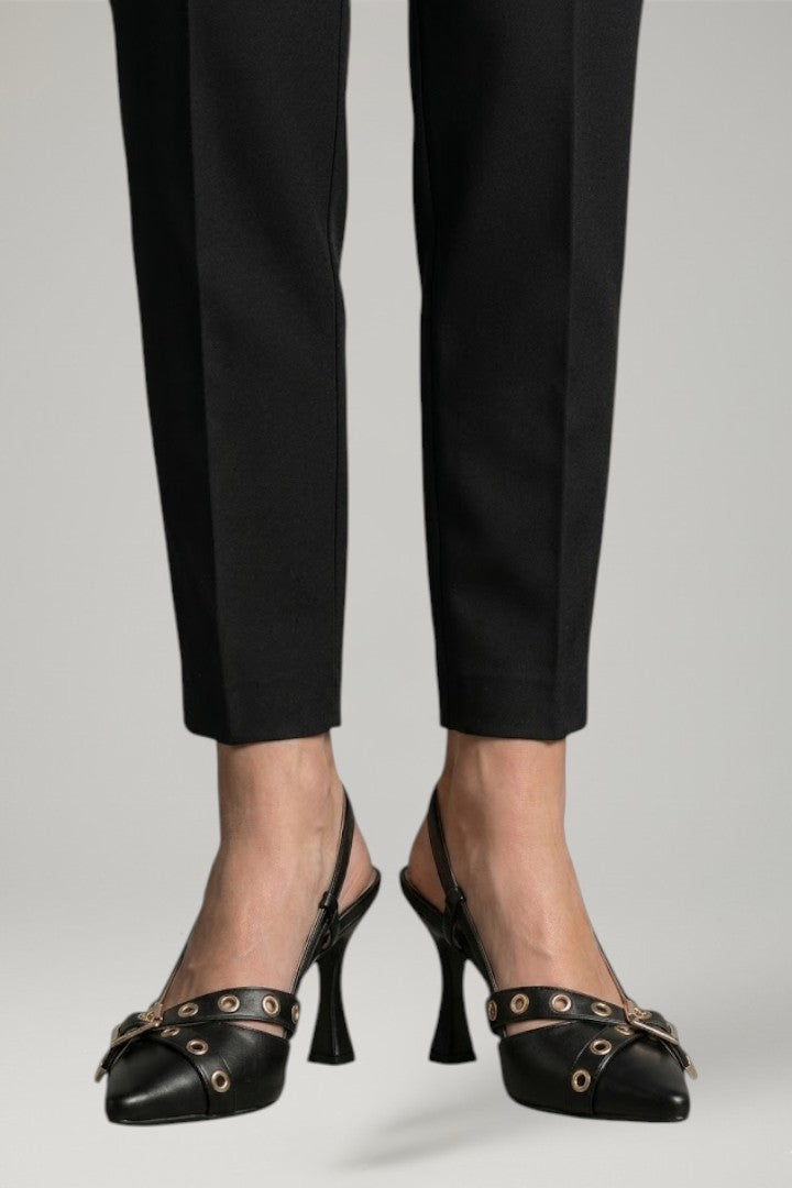 Women Leather Sandals Pointed Toe Stiletto Heel Buckle