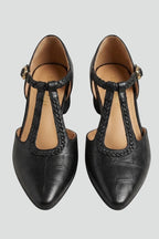 Women Leather T-Strap Flat Shoes Buckle
