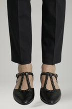 Women Leather T-Strap Flat Shoes Buckle