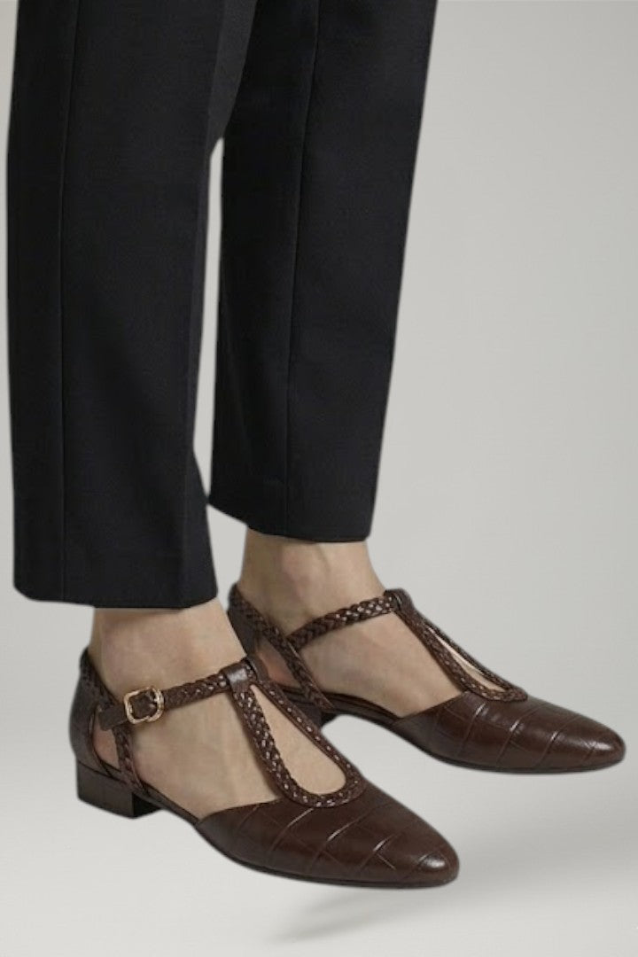 Women Leather T-Strap Flat Shoes Buckle