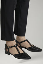 Women Leather T-Strap Flat Shoes Buckle