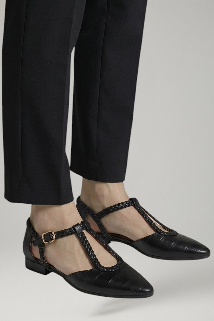 Women Leather T-Strap Flat Shoes Buckle
