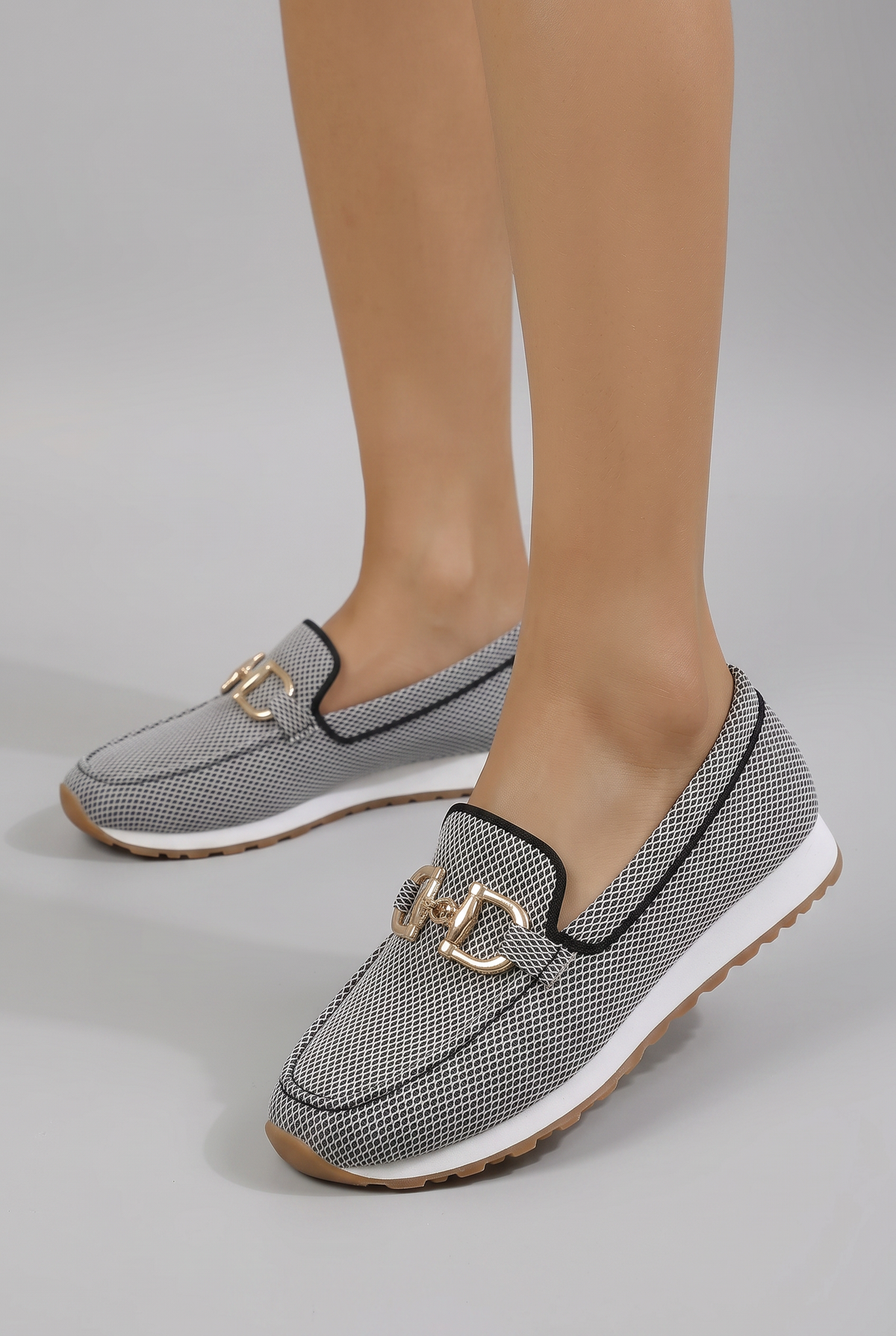 Women mesh loafers slip-on moc toe with metal hardware detail