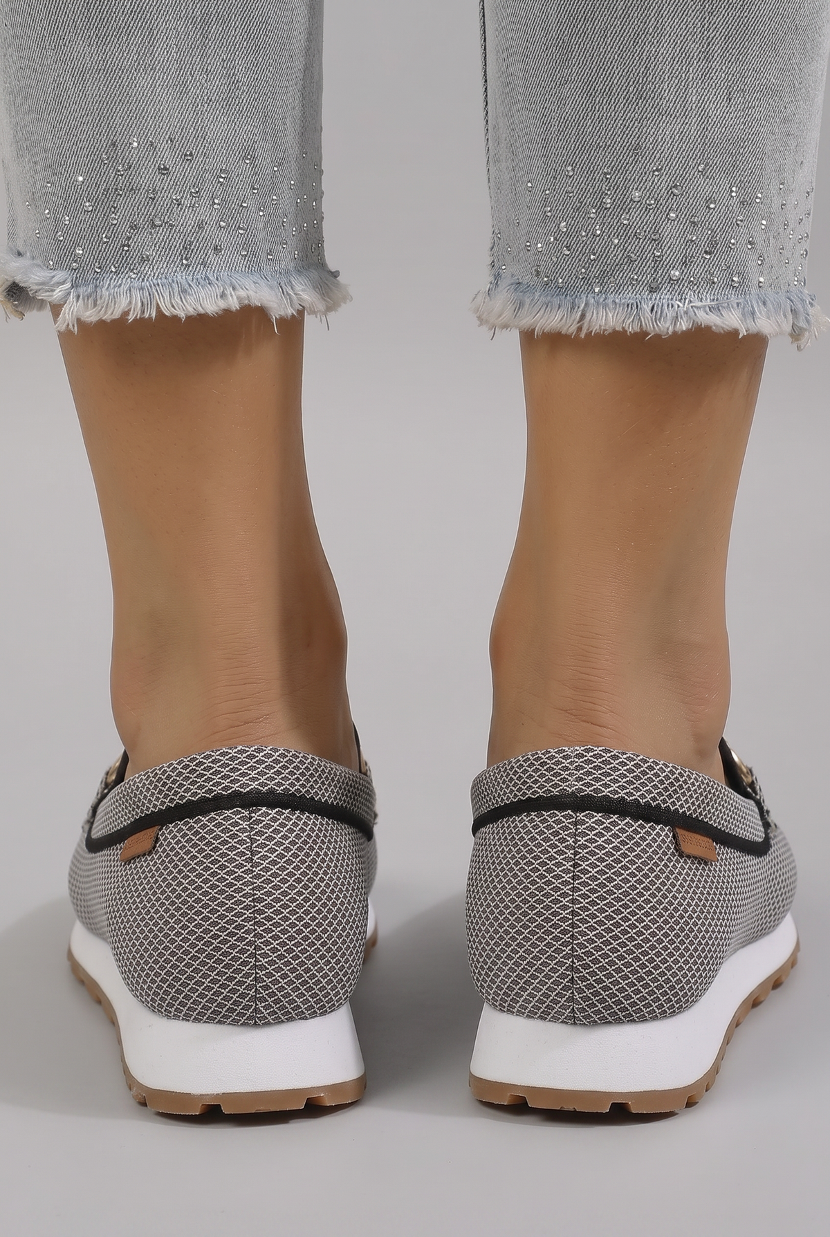 Women mesh loafers slip-on moc toe with metal hardware detail