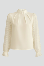 Women Long Sleeve Top Pleated Neckline Textured Sleeves
