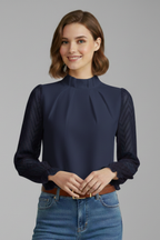 Women Long Sleeve Top Pleated Neckline Textured Sleeves