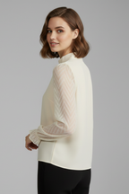 Women Long Sleeve Top Pleated Neckline Textured Sleeves