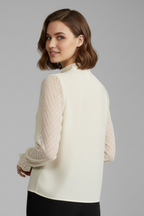 Women Long Sleeve Top Pleated Neckline Textured Sleeves
