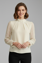 Women Long Sleeve Top Pleated Neckline Textured Sleeves