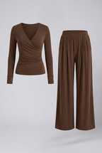 Women 2 Piece Lounge Set Wrap Top Wide Leg Pants