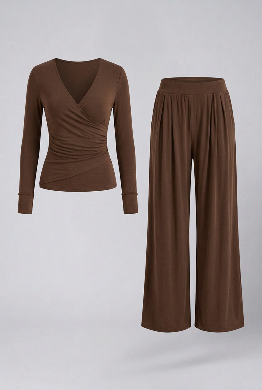 Women 2 Piece Lounge Set Wrap Top Wide Leg Pants