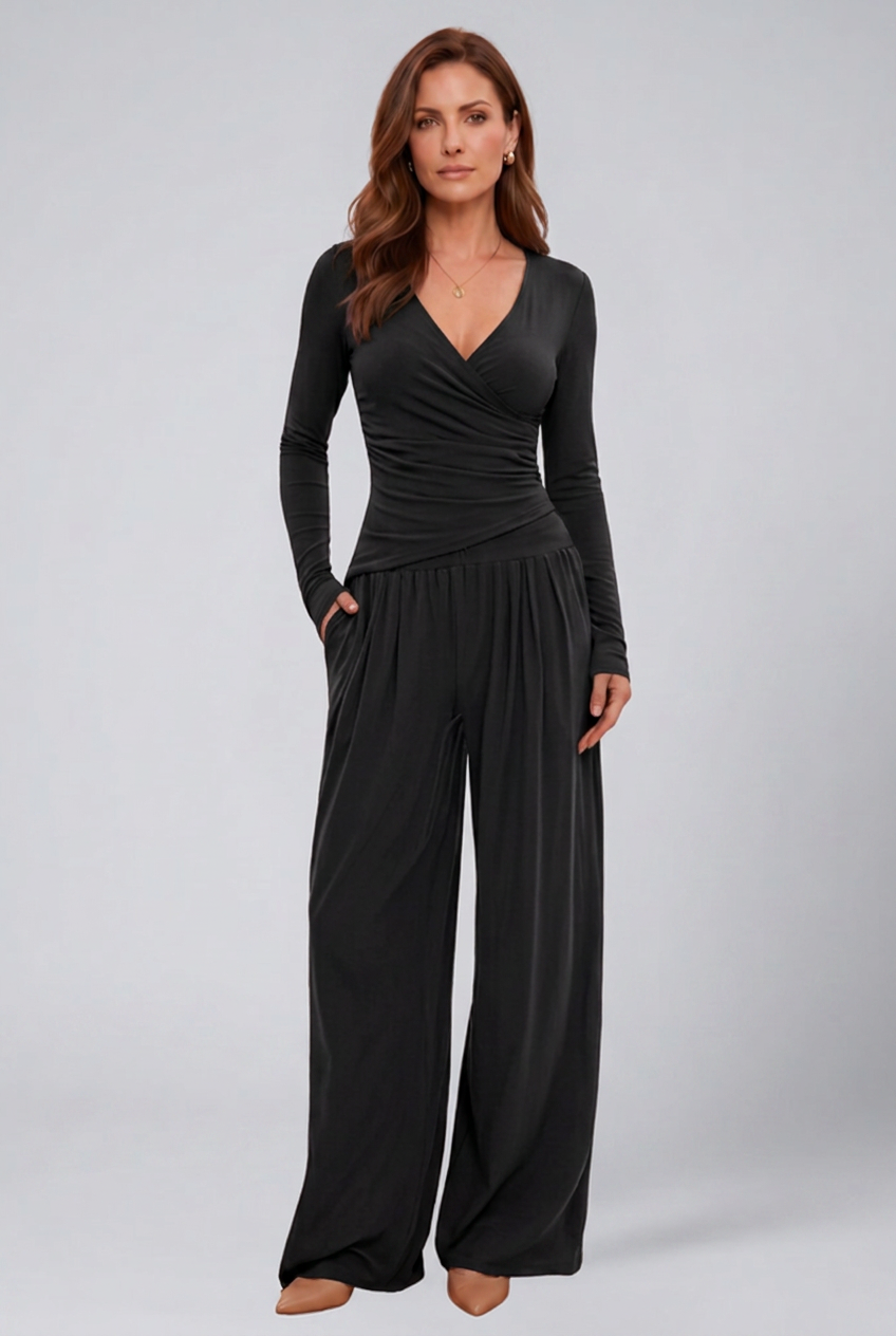 Women 2 Piece Lounge Set Wrap Top Wide Leg Pants