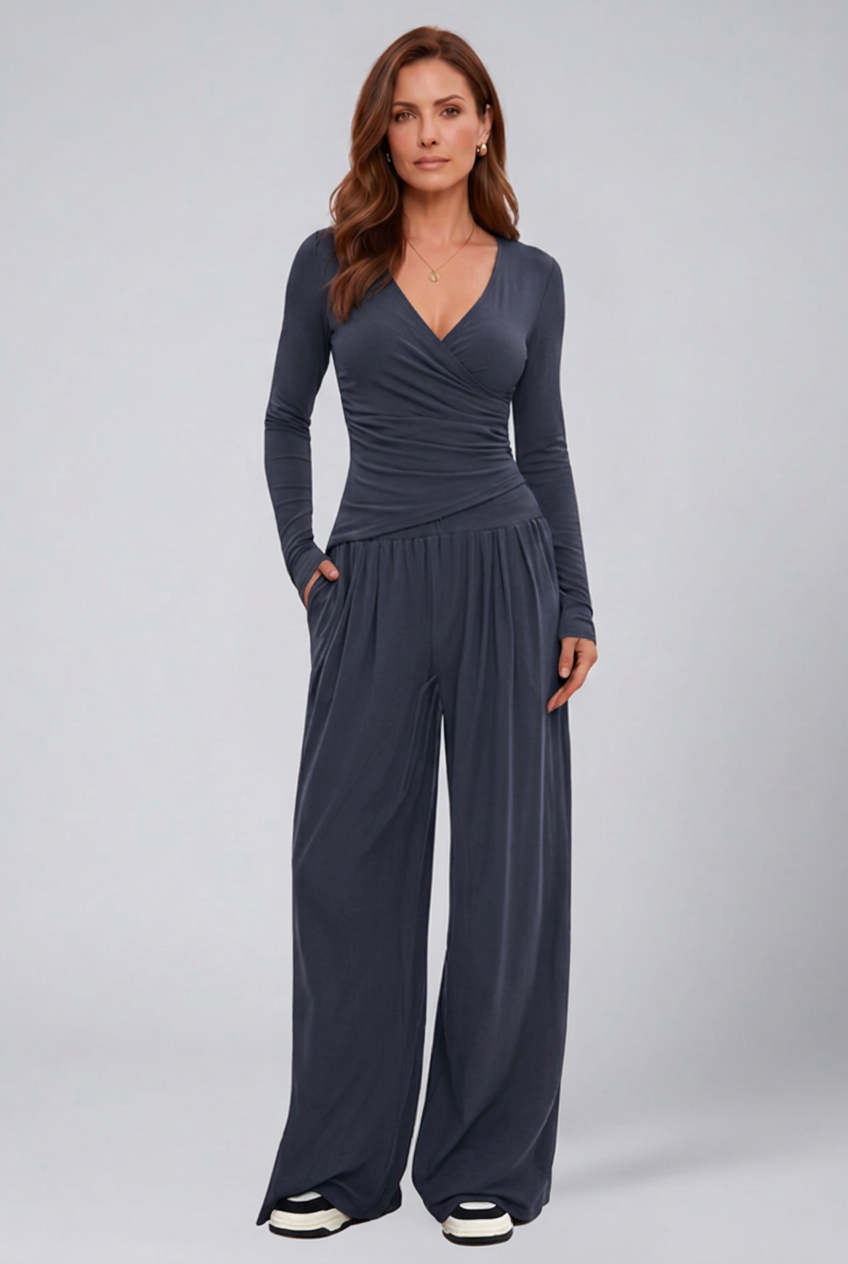 Women 2 Piece Lounge Set Wrap Top Wide Leg Pants