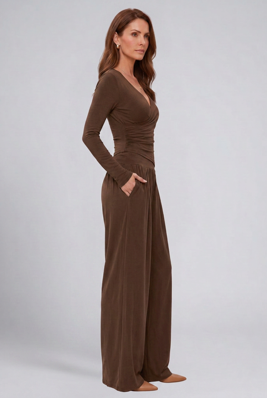 Women 2 Piece Lounge Set Wrap Top Wide Leg Pants