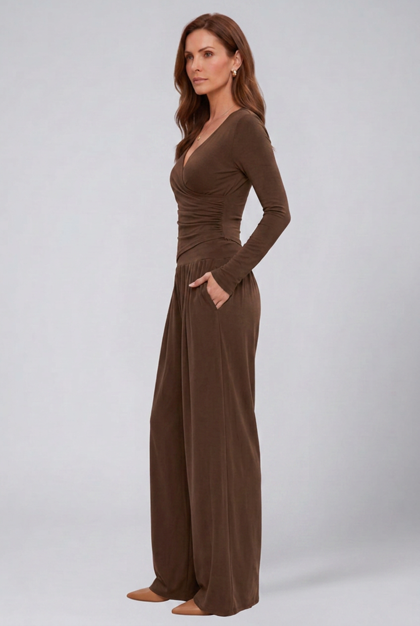 Women 2 Piece Lounge Set Wrap Top Wide Leg Pants