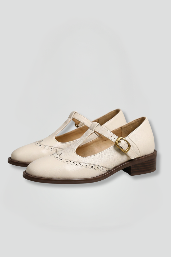 Women Mary Jane Flat Shoes T-Strap Brogue Detail