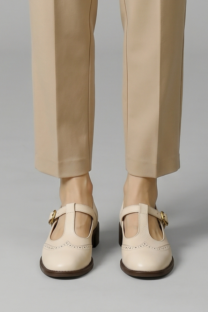 Women Mary Jane Flat Shoes T-Strap Brogue Detail
