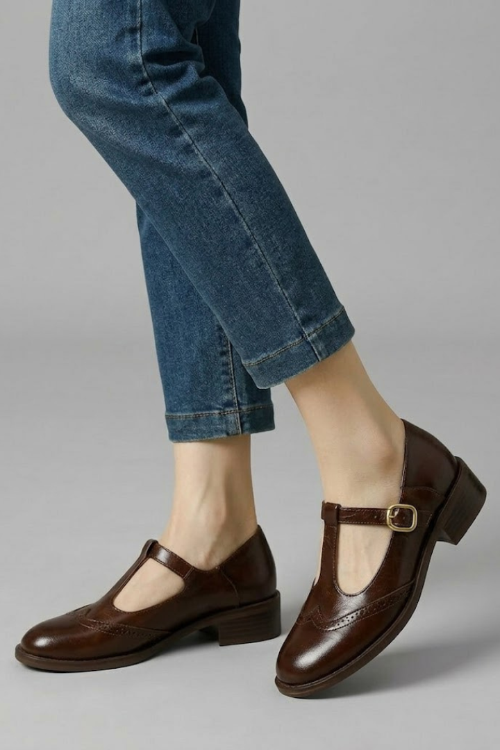 Women Mary Jane Flat Shoes T-Strap Brogue Detail