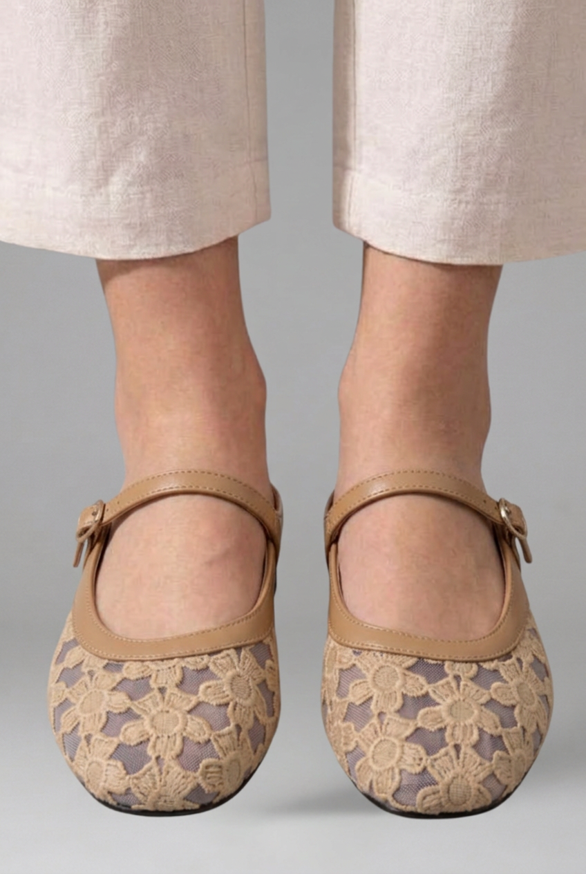 Reva | Mary Jane Flats | Women's Floral Lace Mesh | Buckle Strap