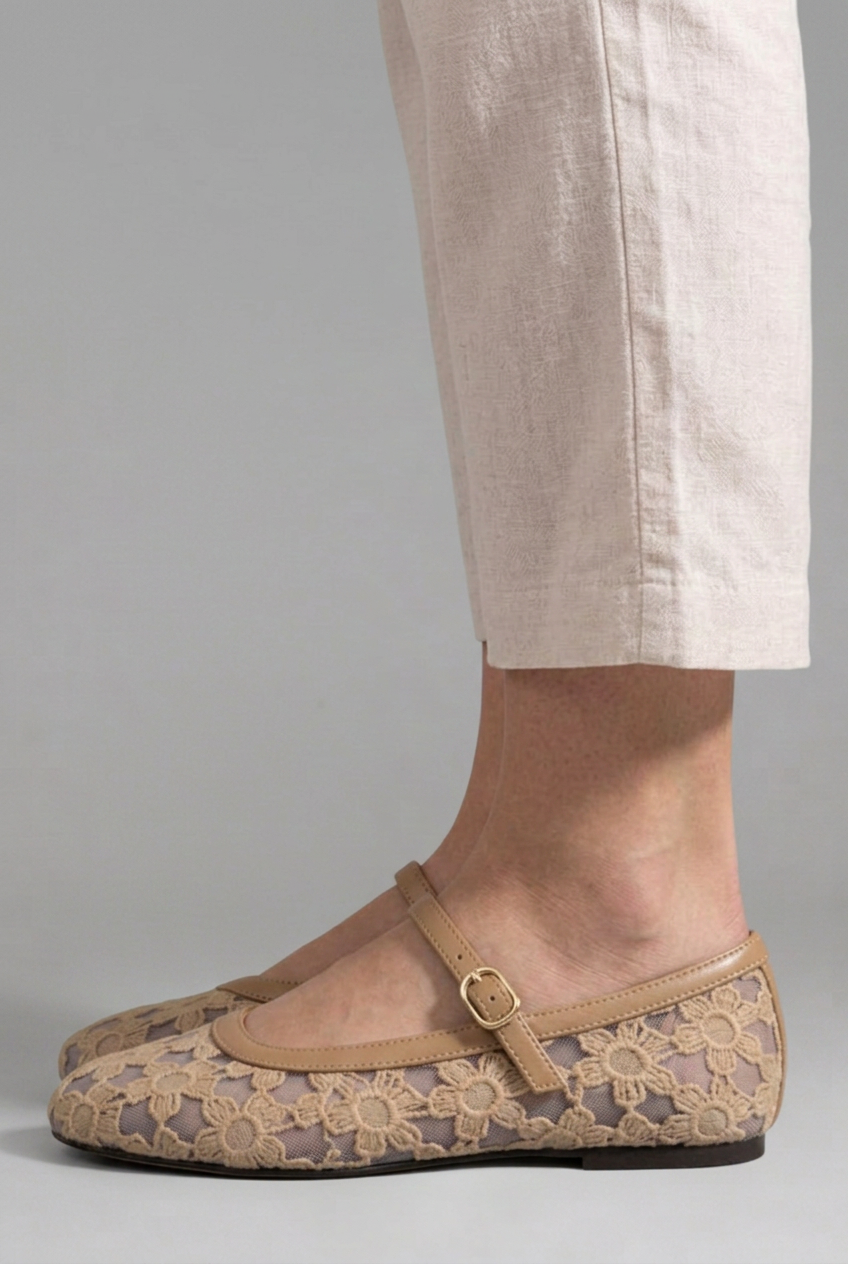 Reva | Mary Jane Flats | Women's Floral Lace Mesh | Buckle Strap