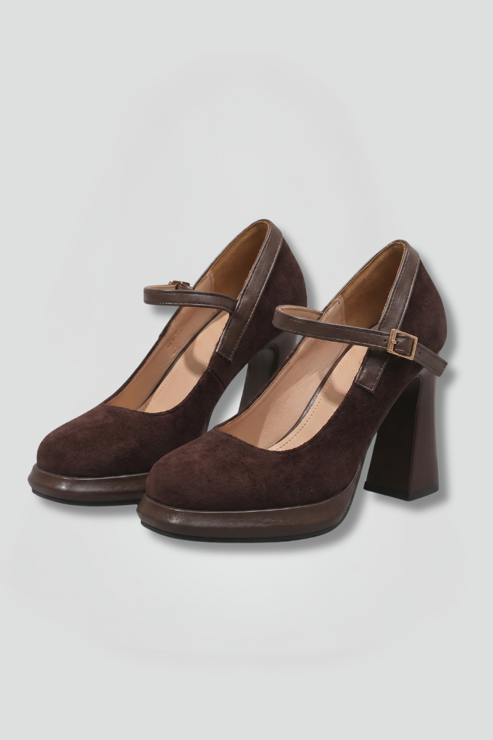 Women Mary Jane Platform Heels Square Toe Strap