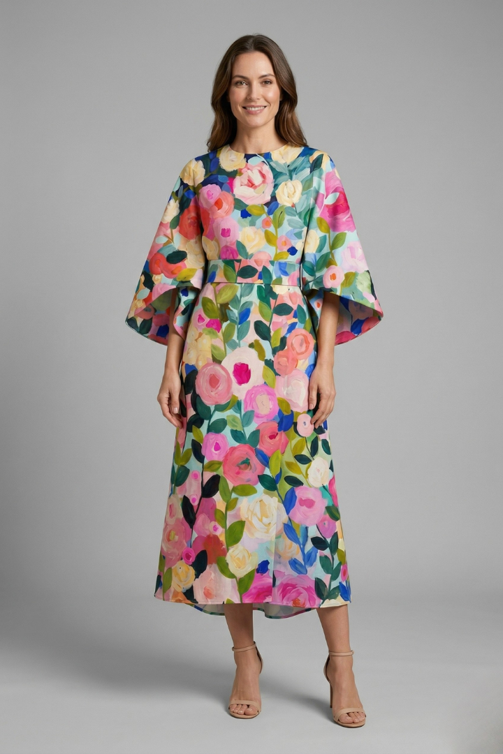 Edith | Women's Midi Dress | Round Neck, Wide Sleeves | Abstract Print