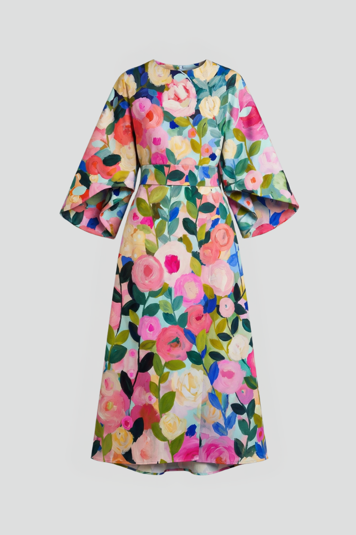 Edith | Women's Midi Dress | Round Neck, Wide Sleeves | Abstract Print