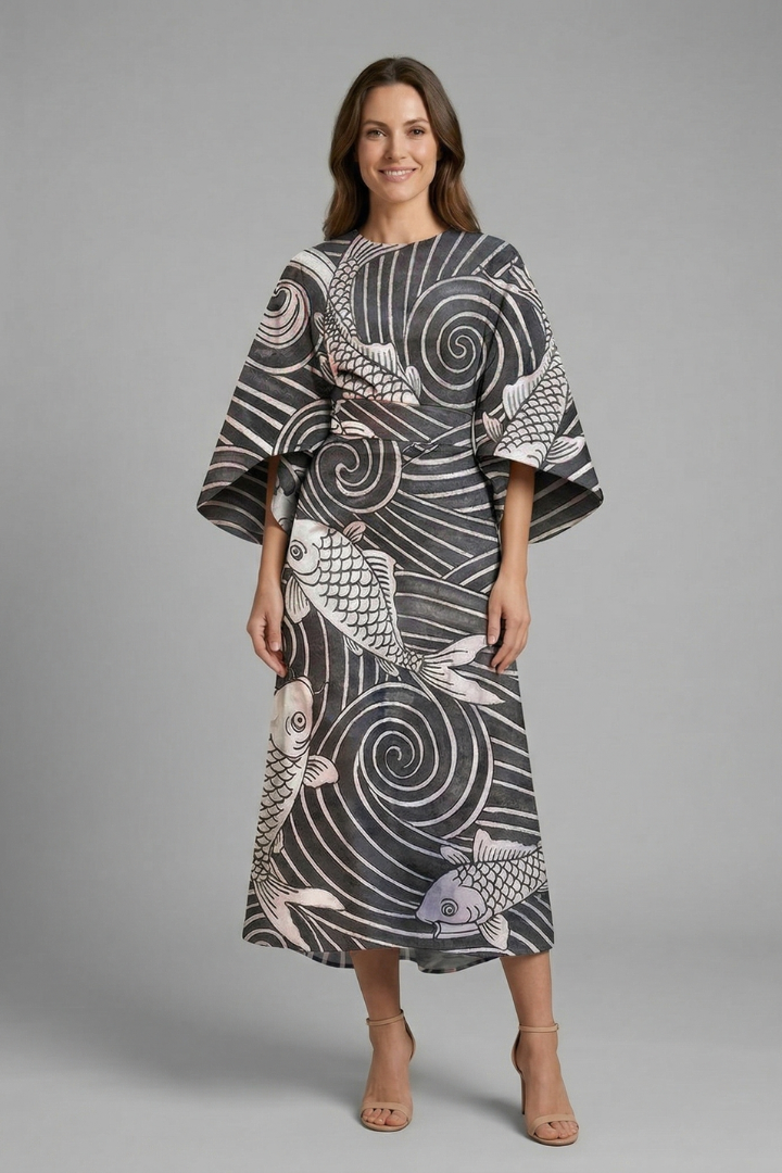 Edith | Women's Midi Dress | Round Neck, Wide Sleeves | Abstract Print