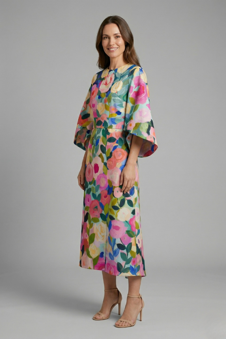 Edith | Women's Midi Dress | Round Neck, Wide Sleeves | Abstract Print