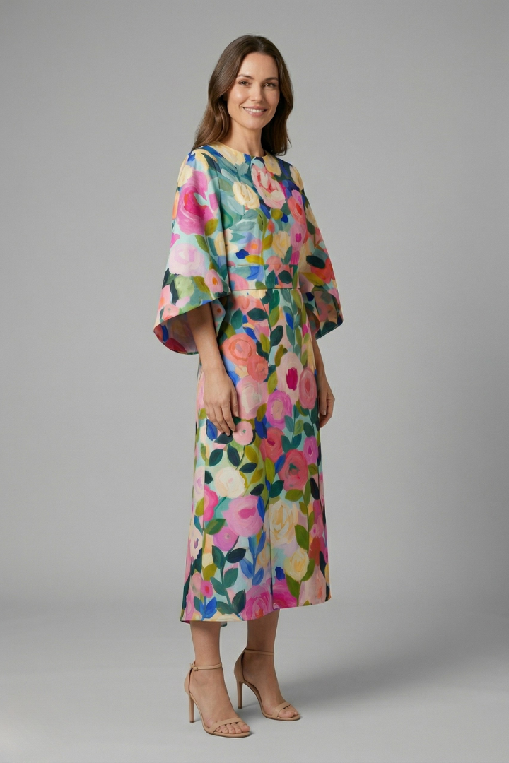 Edith | Women's Midi Dress | Round Neck, Wide Sleeves | Abstract Print