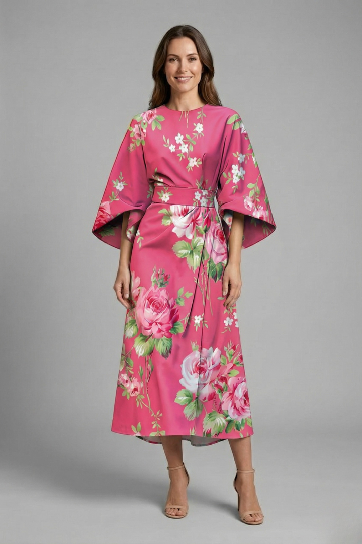 Edith | Women's Midi Dress | Round Neck, Wide Sleeves | Abstract Print