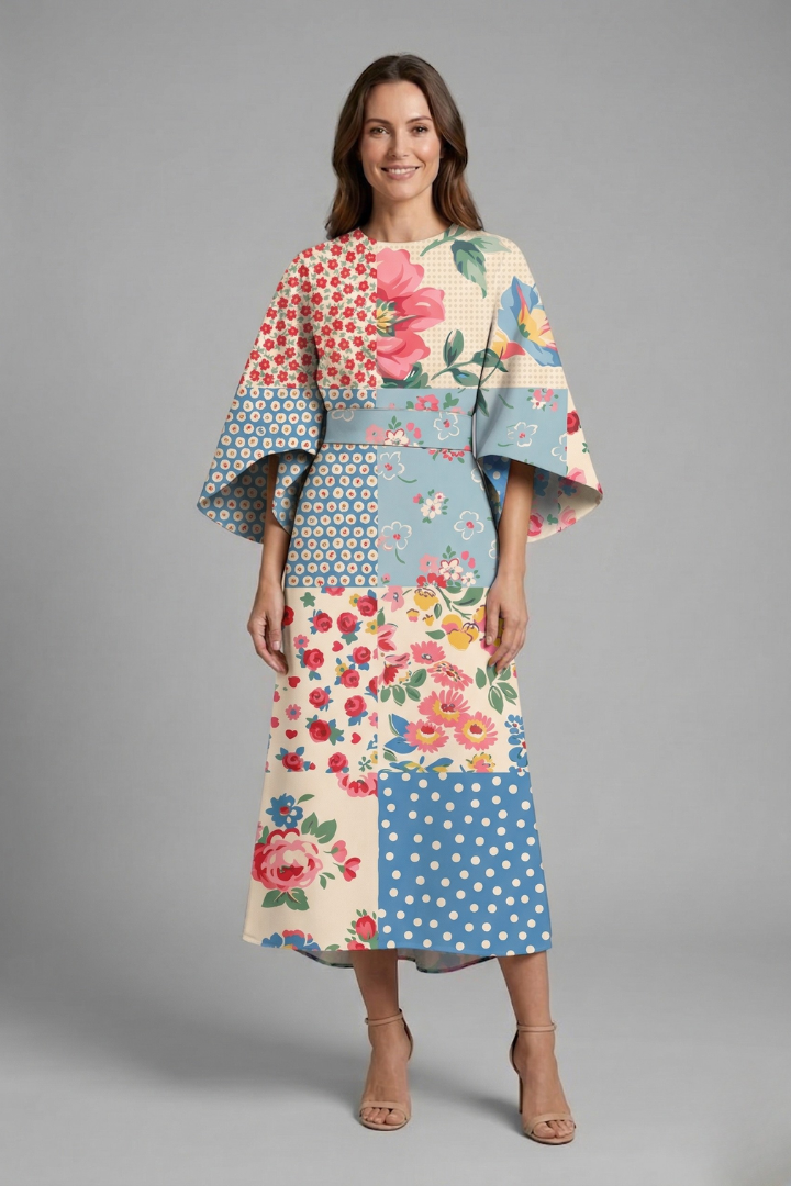 Edith | Women's Midi Dress | Round Neck, Wide Sleeves | Abstract Print