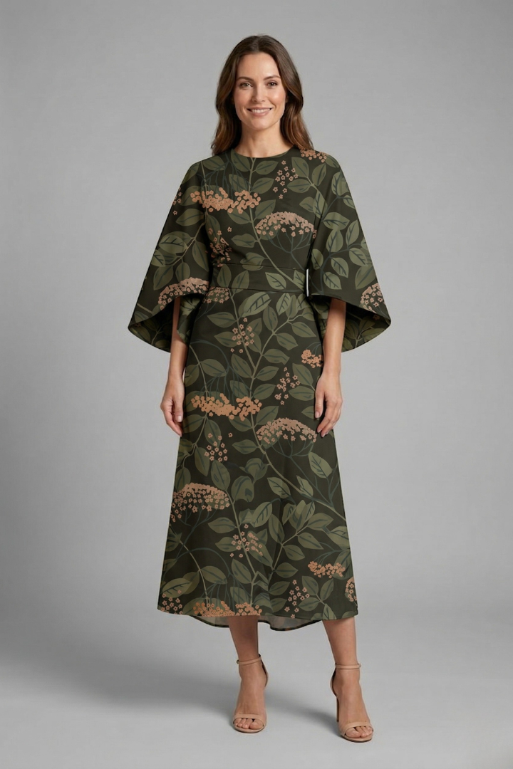 Edith | Women's Midi Dress | Round Neck, Wide Sleeves | Abstract Print