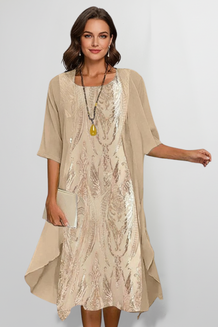 Midi Dress Women Casual Knee Length Round Neck Short Sleeves