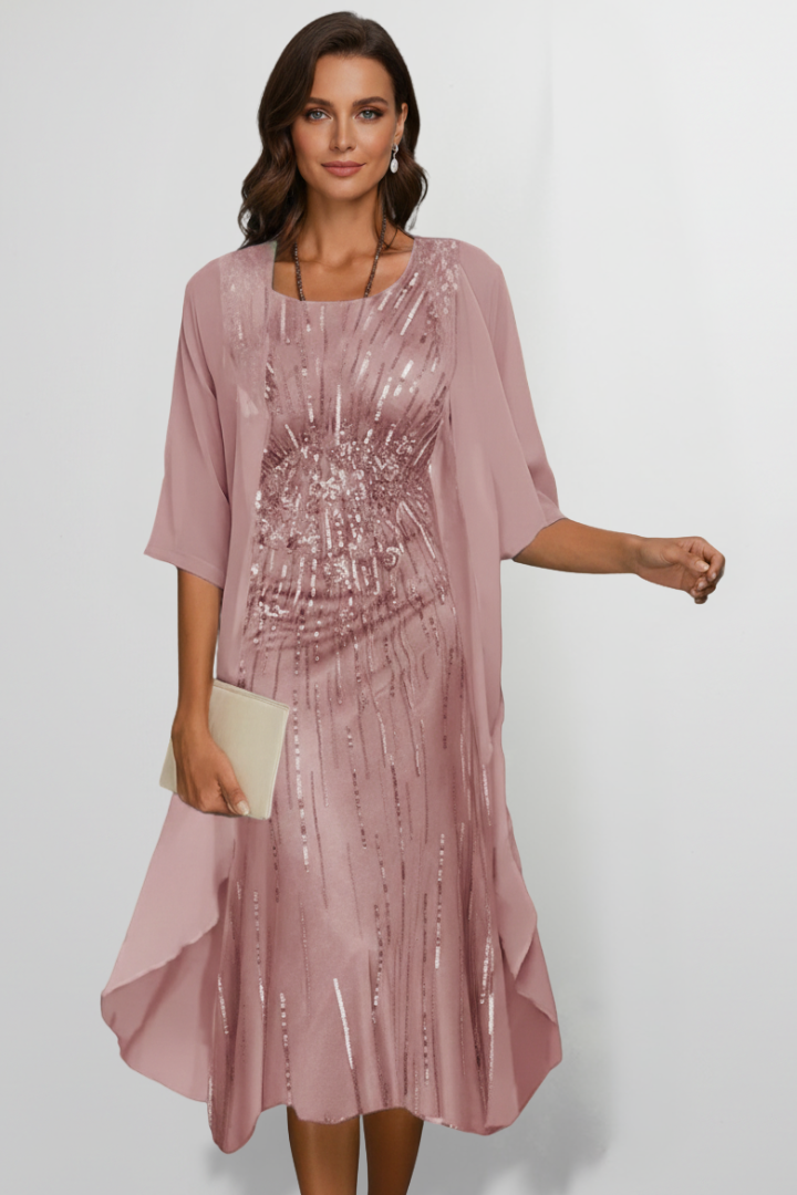 Midi Dress Women Casual Knee Length Round Neck Short Sleeves