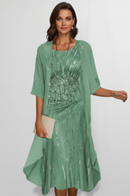 Midi Dress Women Casual Knee Length Round Neck Short Sleeves