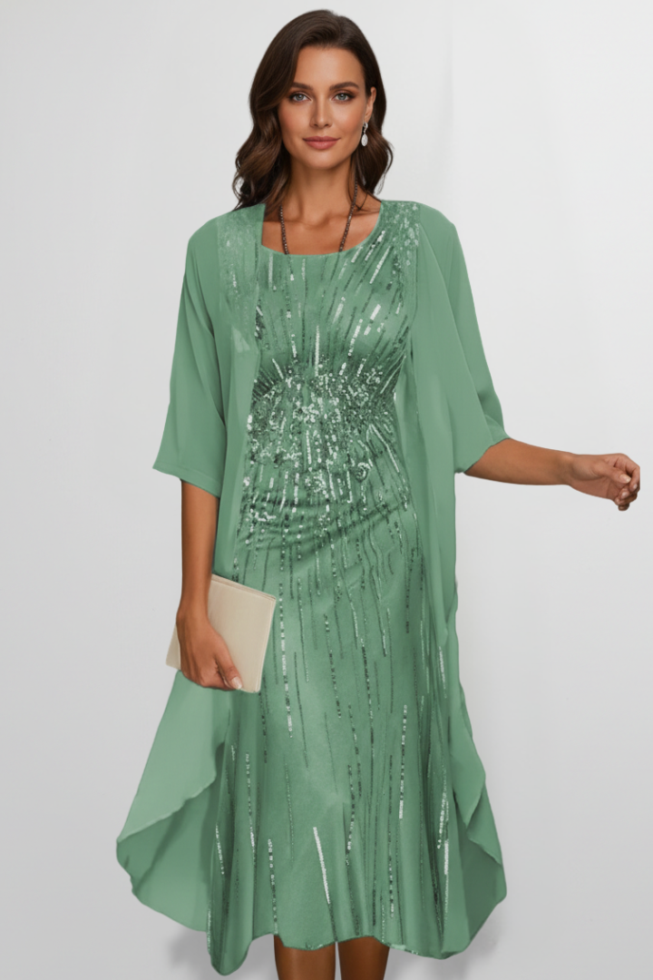 Midi Dress Women Casual Knee Length Round Neck Short Sleeves